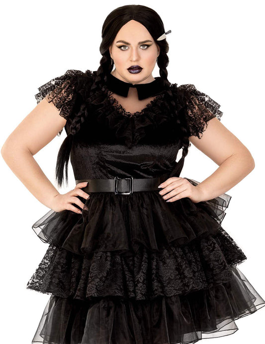 Déguisement rebelle gothique sexy pour femme noir avec dentelle et ceinture