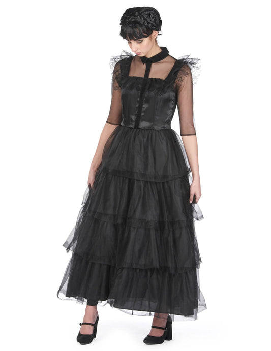 Déguisement robe de bal gothique pour femme noire avec volants en tulle