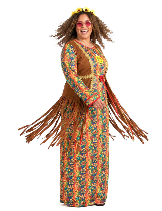 Déguisement robe longue hippie à franges grande taille femme