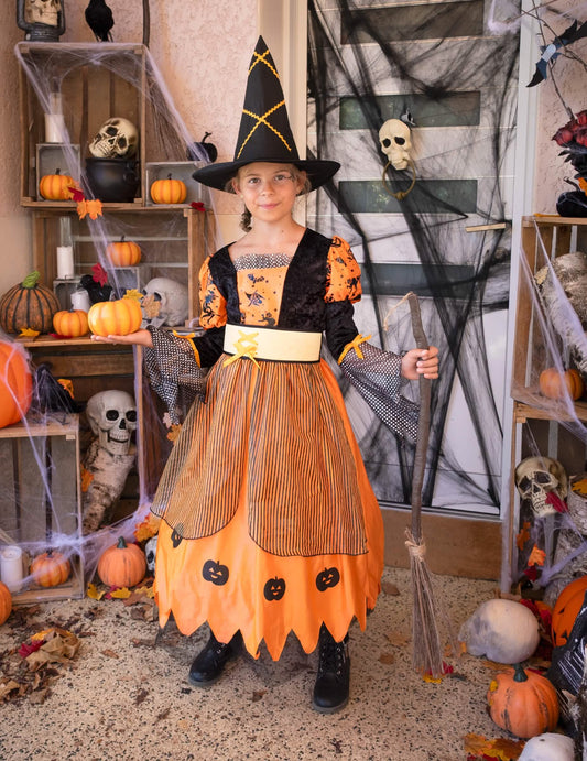 Oranje pompoen heksen outfit voor meisjes