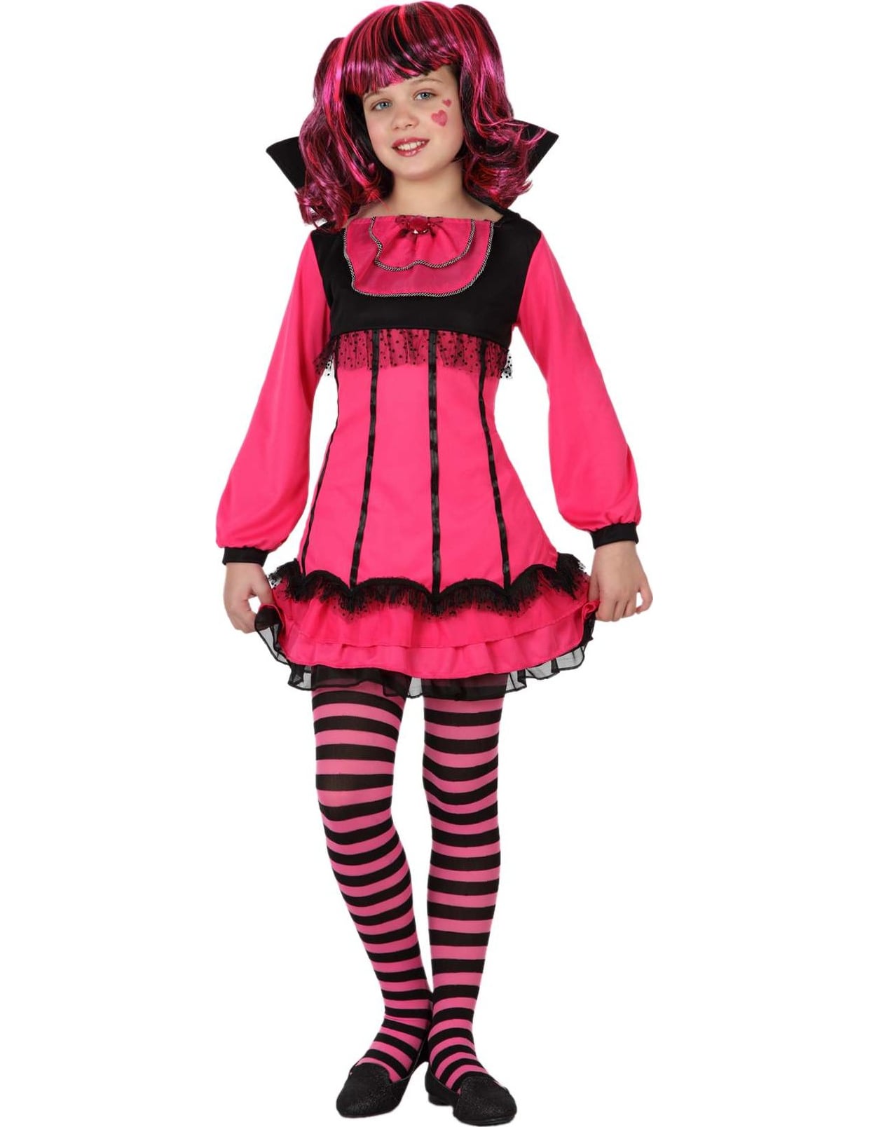 Déguisement de vampire pour fille rose et noir avec collerette et collants rayés