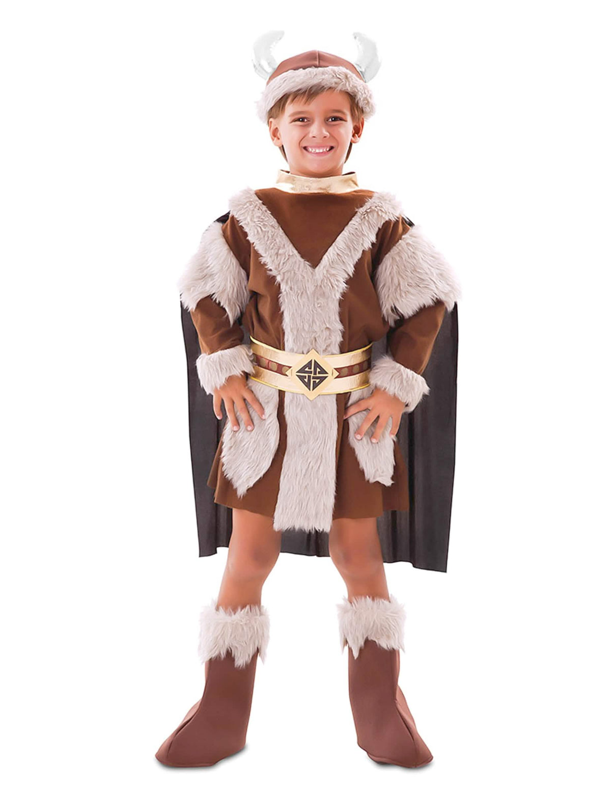 Viking verkleedkostuum voor jongens bruin met bont en hoornhelm