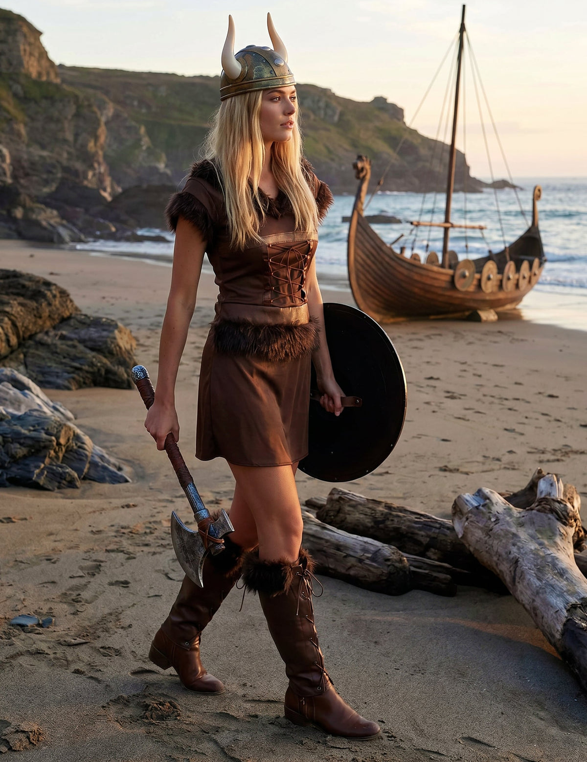 Bruin viking kostuum met helm voor vrouwen