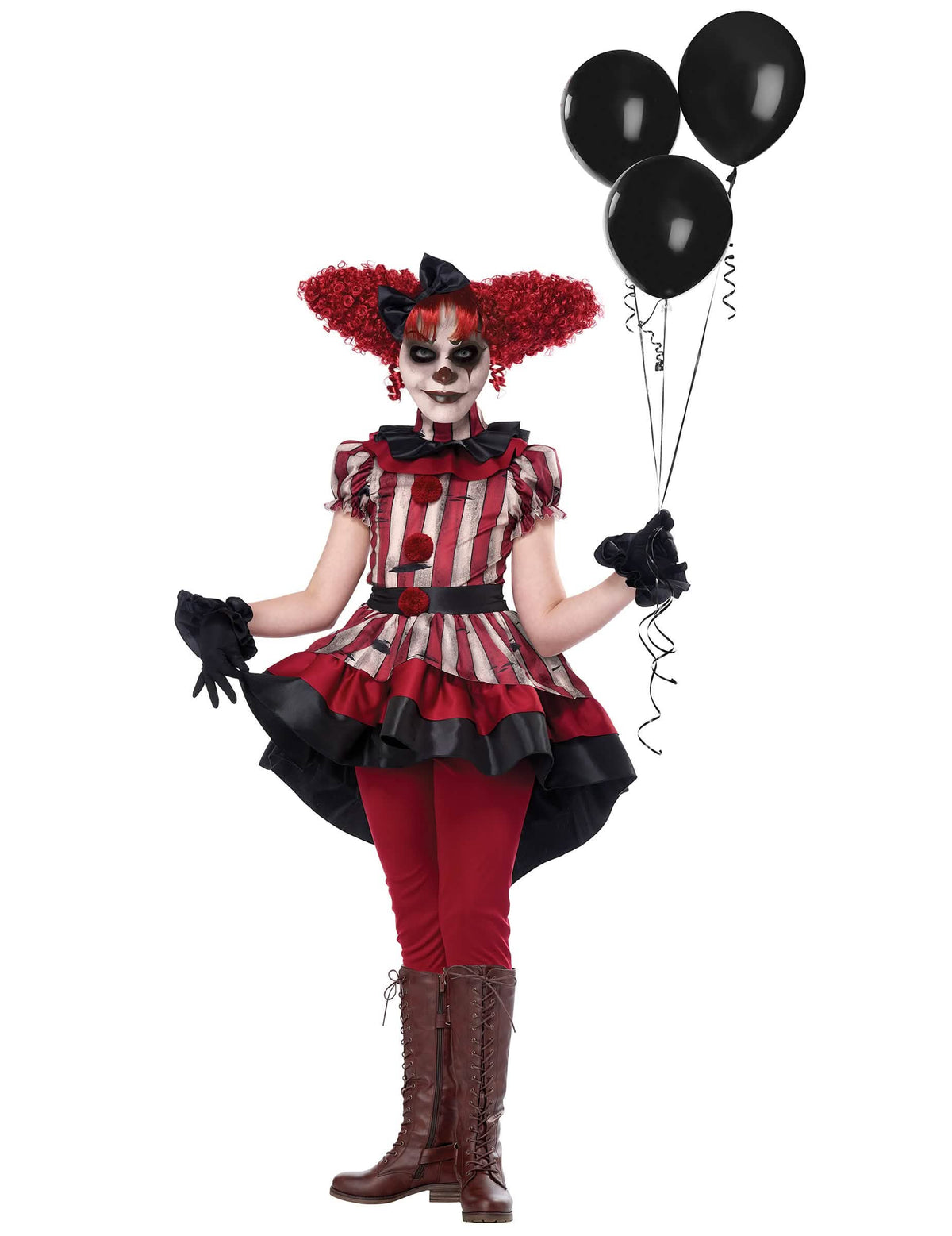 luxe vermomming van slechte clown voor meisjes rood en zwart met strepen en zwarte ballonnen