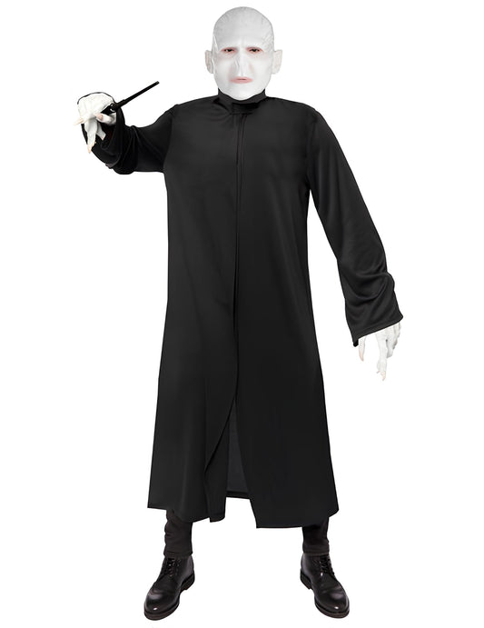 Vue de face avec baguette magique du déguisement Voldemort Harry Potter