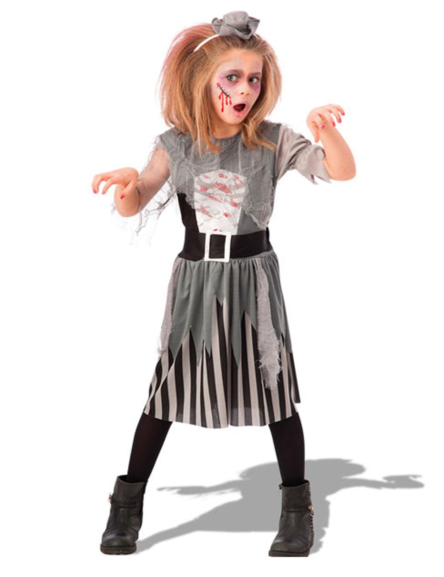 Déguisement de zombie pirate pour fille gris avec jupe à rayures