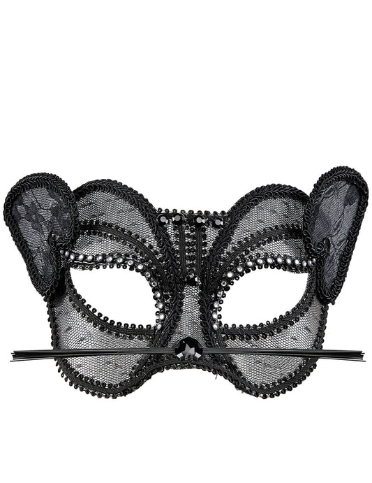 Vue de face du demi masque chat sexy en dentelle
