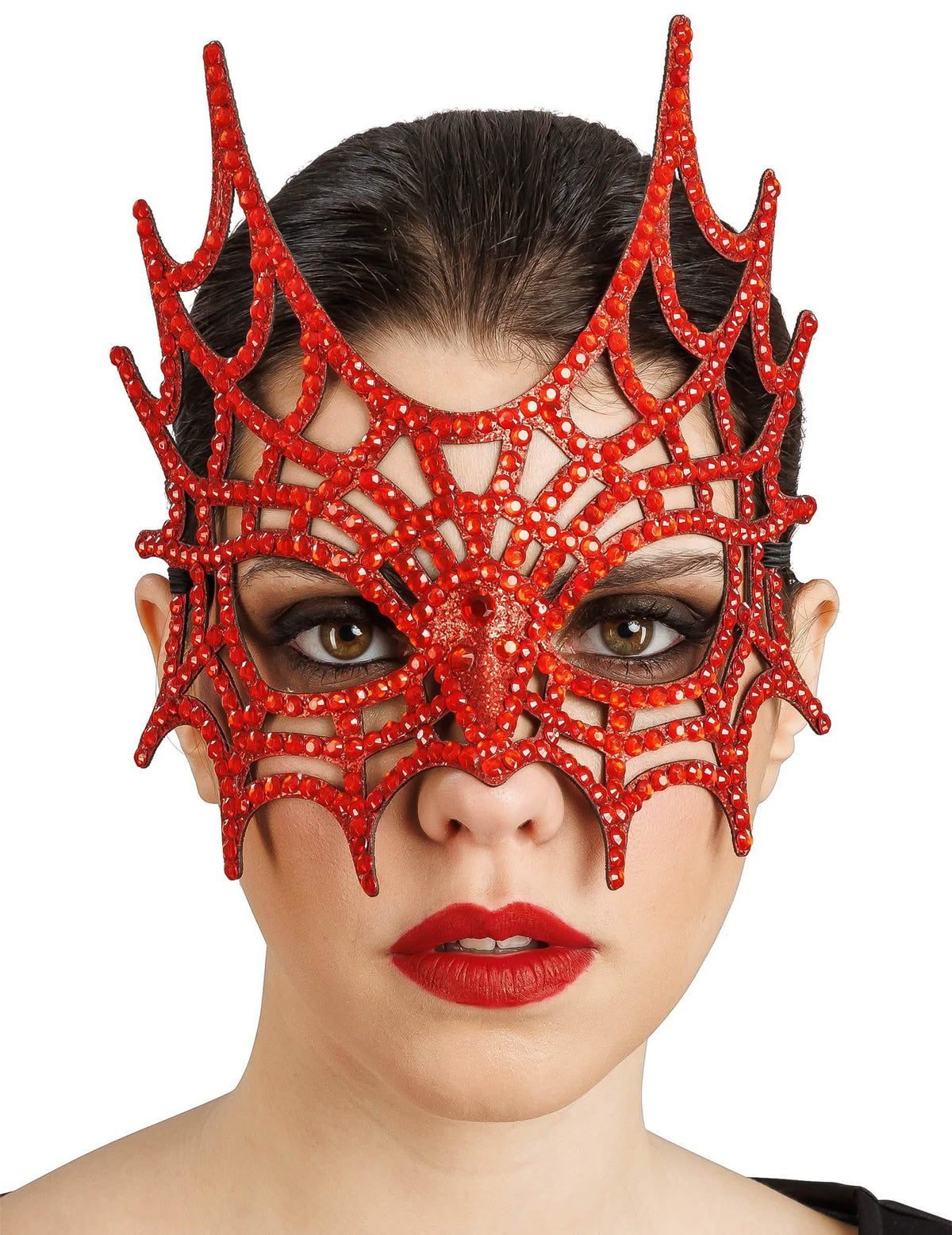 Halfmasker spinnenweb met rode strassteentjes volwassene