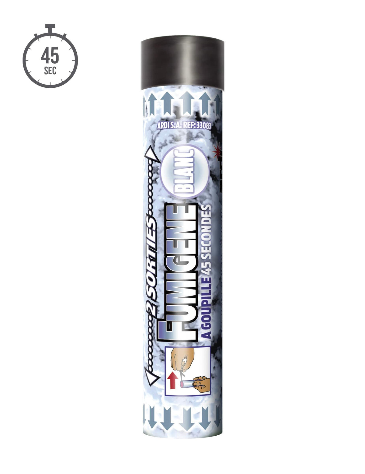 Vue de face du fumigène à goupille double sorties pour fête