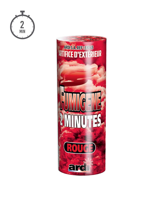 Indication de la durée de 2 minutes du fumigène en pot artifice d'extérieur pour fête rouge
