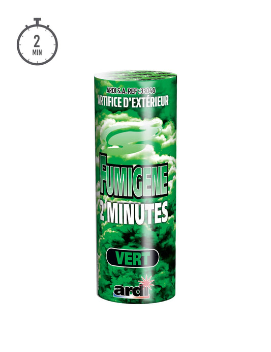 Détail de l'emballage du fumigène en pot 2 minutes pour fête vert