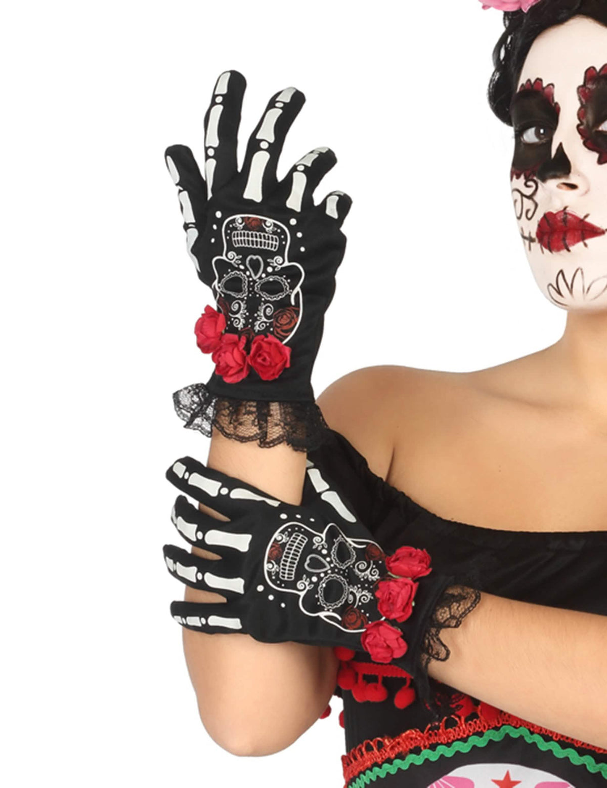 handschoenen korte Mexicaanse skelet Dia de los muertos voor dames zwart met rode rozen en kant