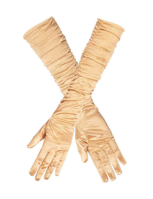 Vue des gants croisés des gants longs satinés pour femme dorés