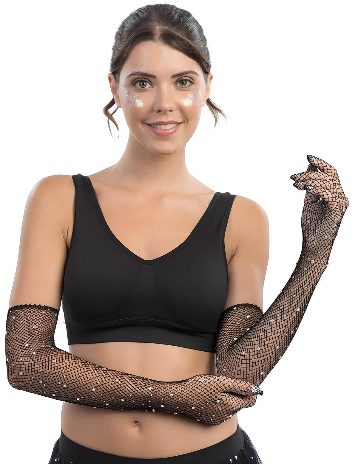 Vue portée des gants résille longs à strass pour adulte