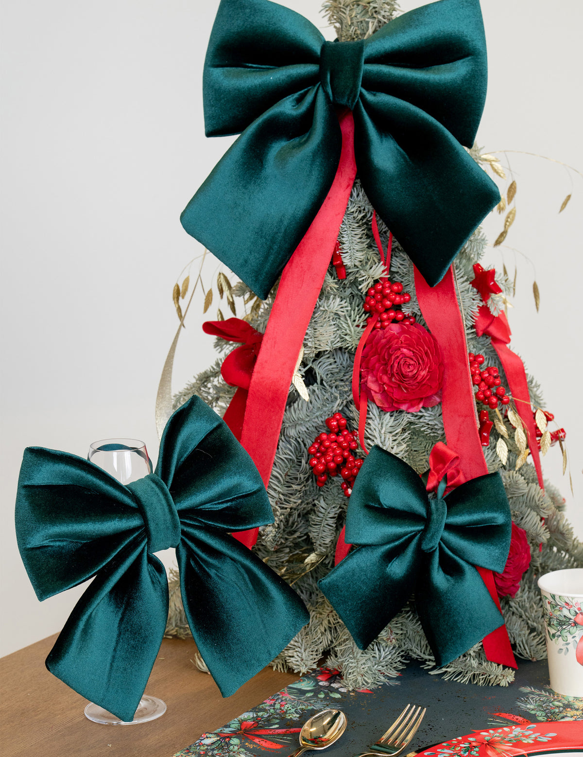 Grand nud papillon en velours vert sapin 26 x 30 cm