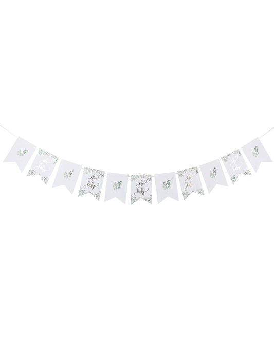 Vue d'ensemble de la guirlande de fanions Oh Baby végétal pour baby shower
