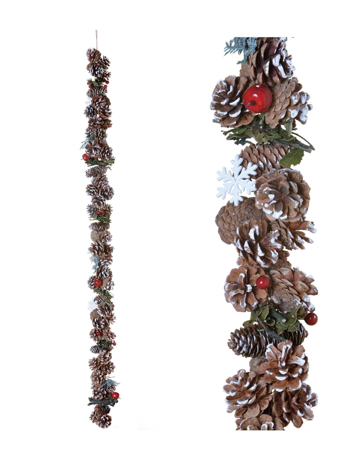 Guirlande pommes de pin et baies des bois marron et rouge enneigée