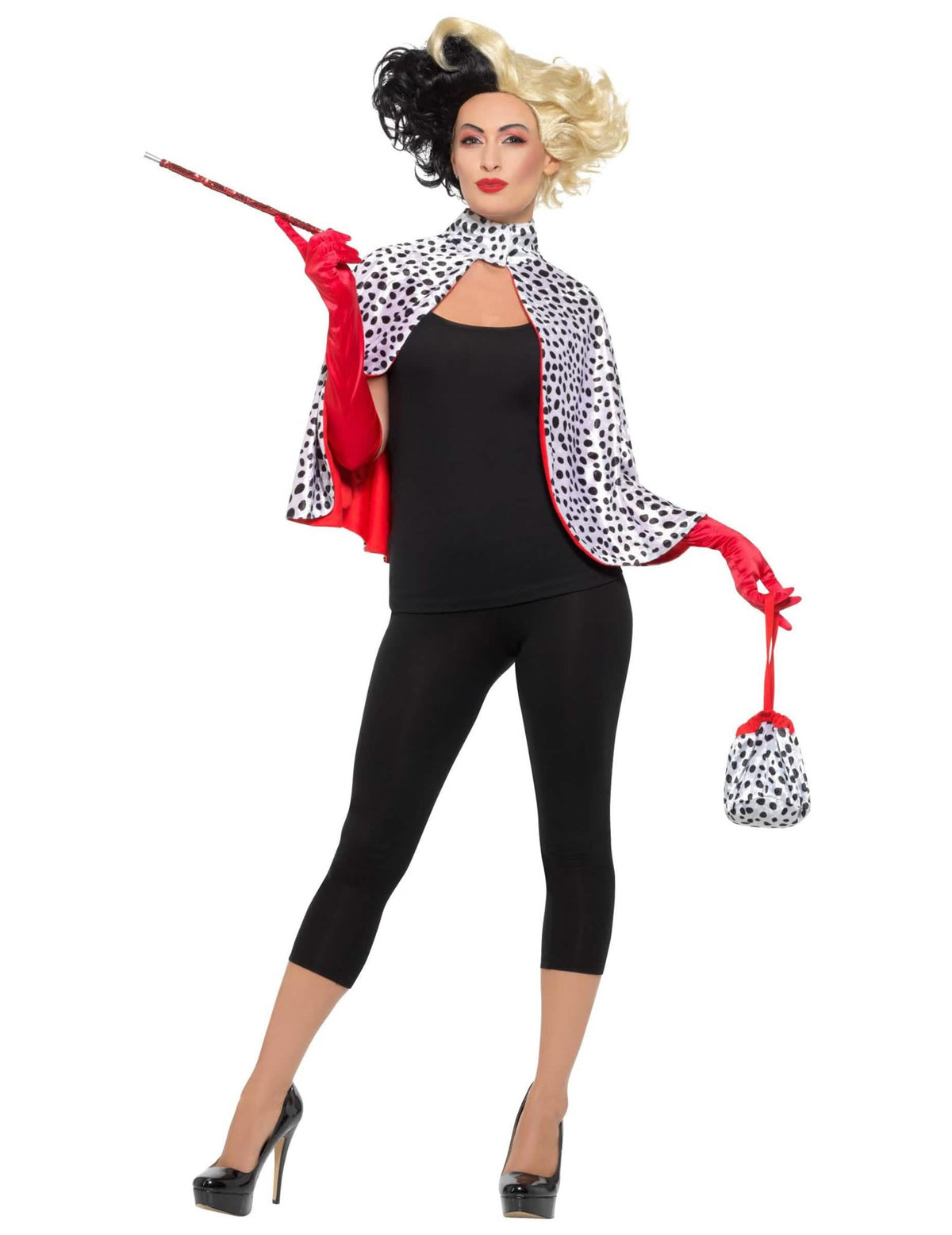 Kit accessoires dame diabolique pour femme à motif dalmatien noir et blanc avec gants rouges