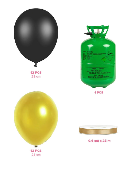 Kit bouteille bouteille d'hélium avec 12 ballons noirs 12 ballons dorés et ruban