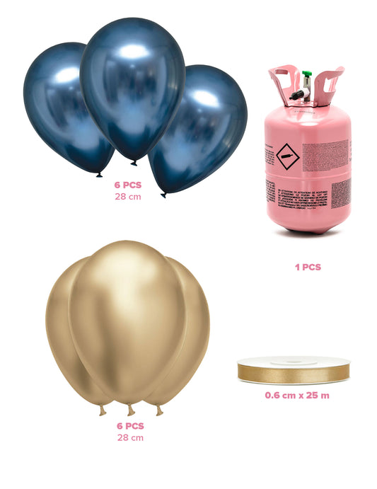 Heliumflesset 12 ballonnen blauw-goud