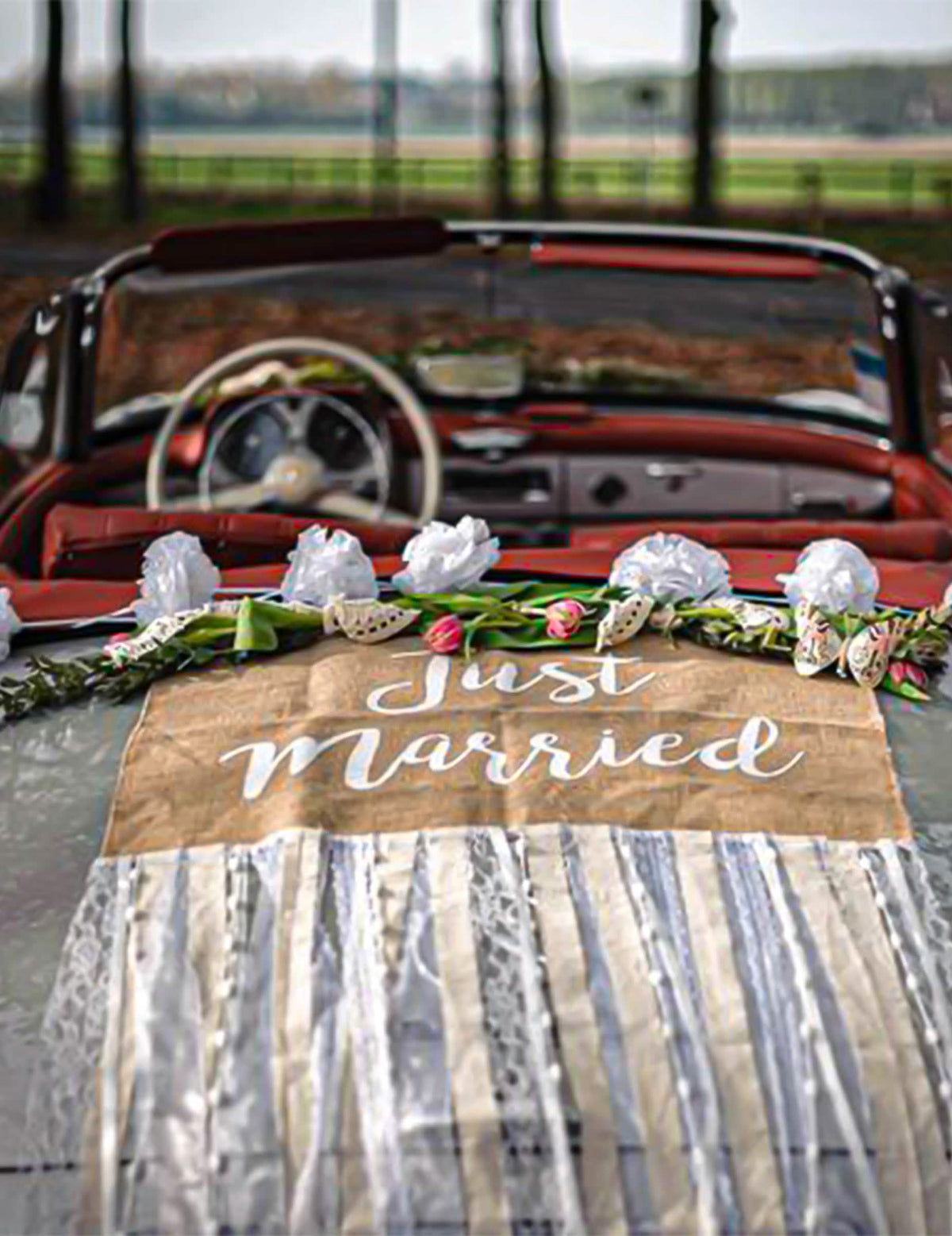 Bruidspaar Auto Decoratiekit Landelijk Jute en Kant Compleet Just Married