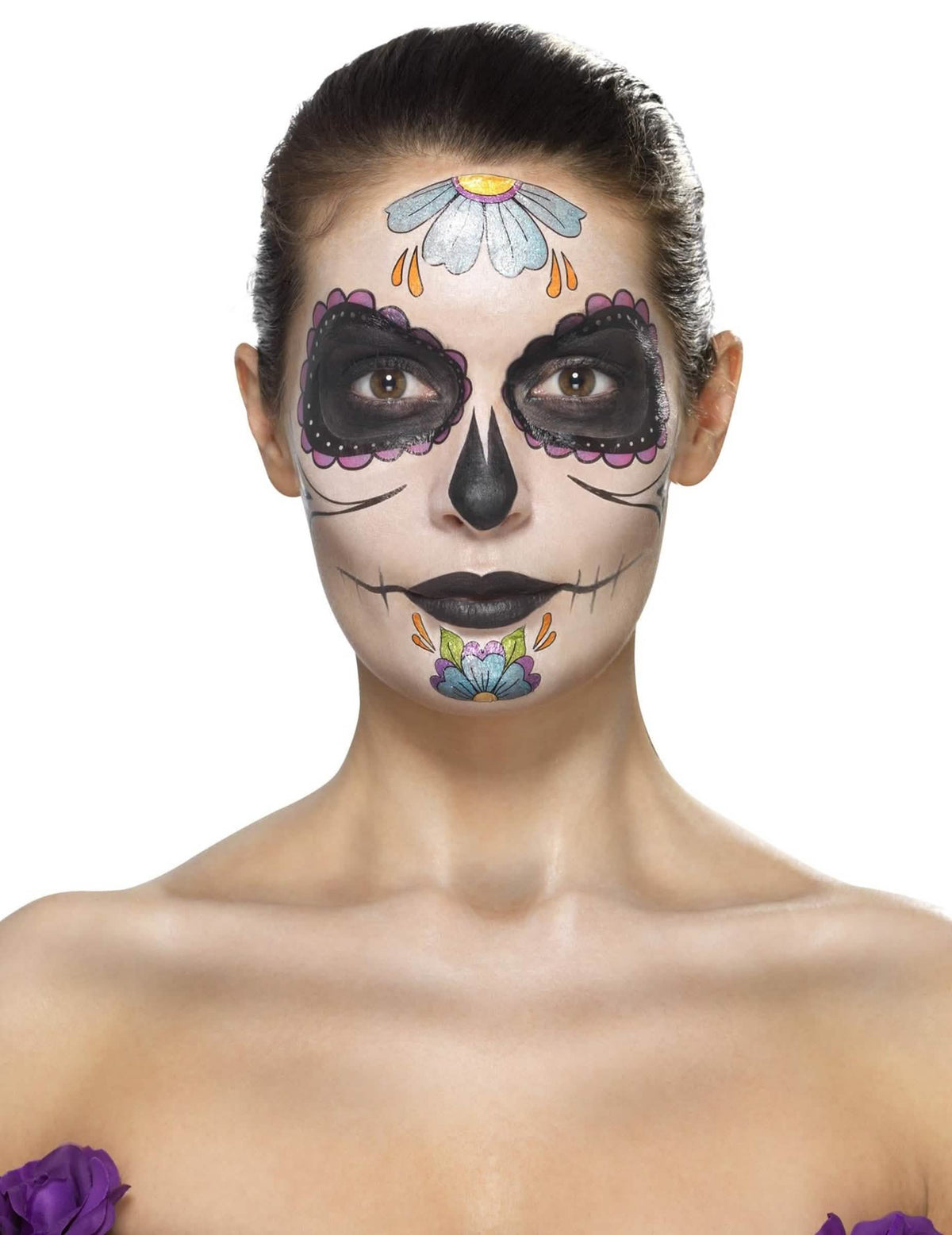 Detail van de eindschmink van de schminkset Dia de los muertos voor dames blauwe bloemen