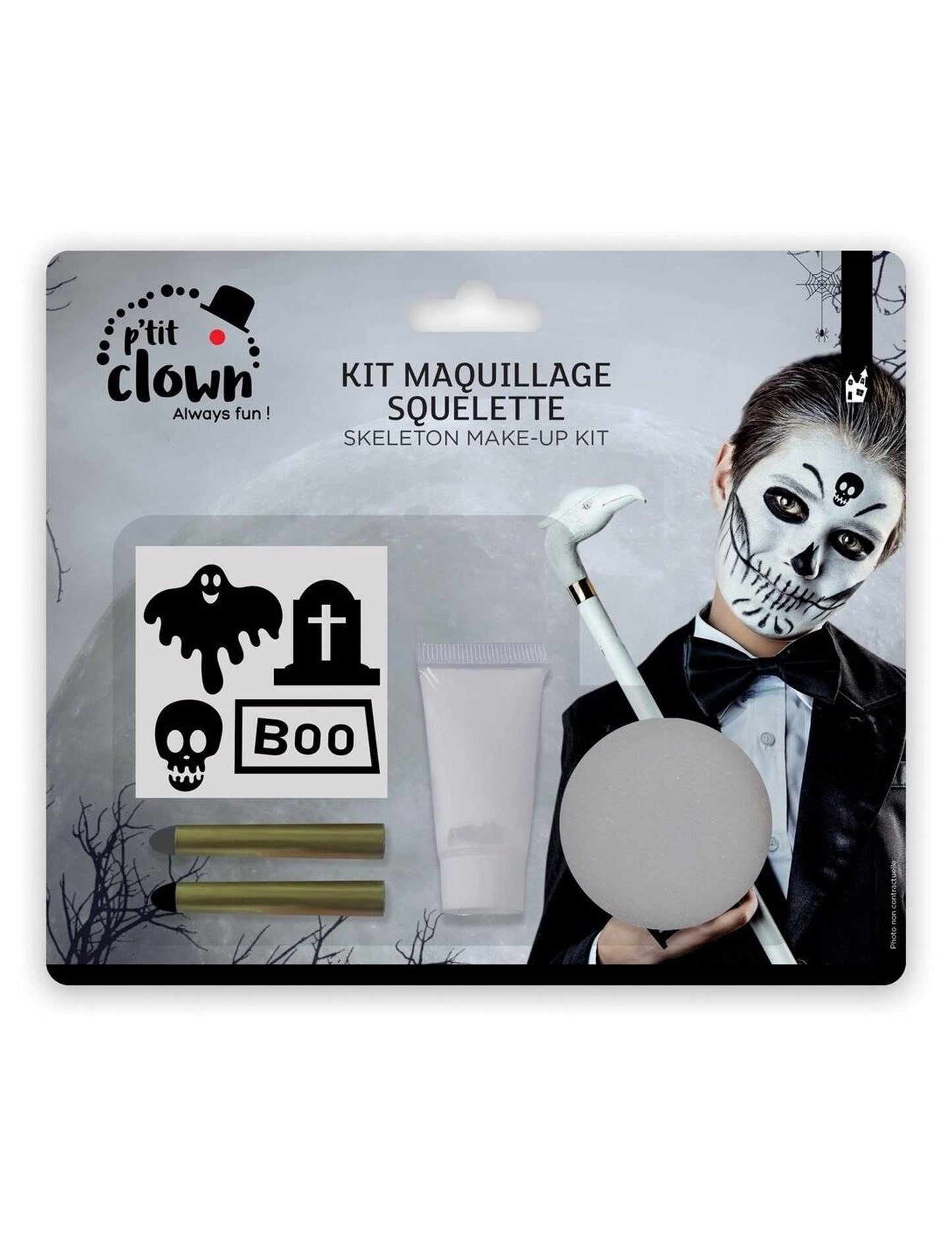 Kit maquillage squelette pour enfant noir et blanc avec pochoirs