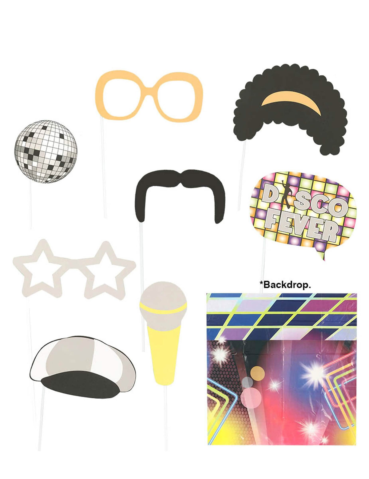 Photobooth disco-set voor een multicolor feestje, 9-delig