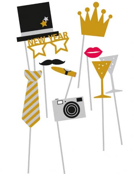 fotobooth-kit voor oudejaarsavond zwart en goud met 10 accessoires