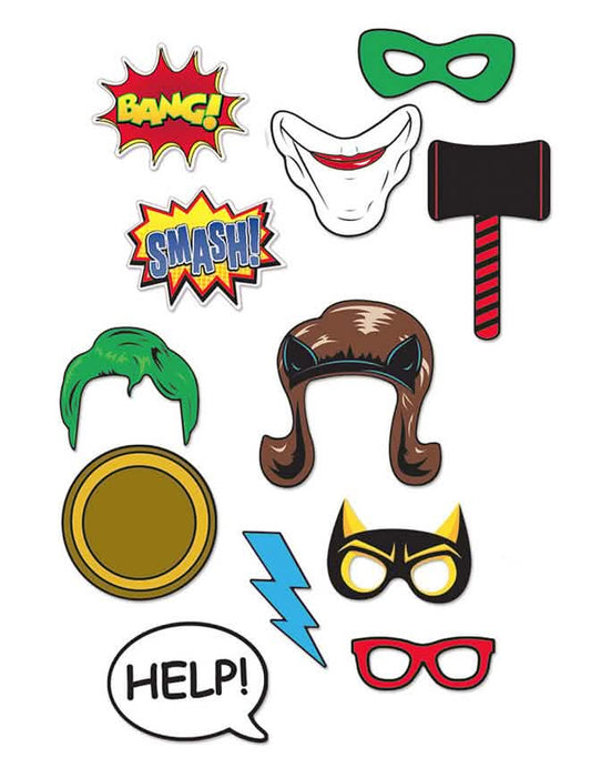 Détail des accessoires du Kit photobooth 12 pièces Super-héros