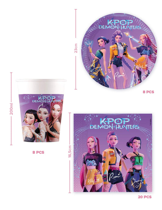 Détails des dimensions et quantités du kit vaisselle jetable K-pop Demon Hunters