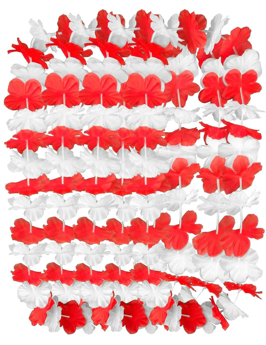 Lot de 12 Colliers Hawaï rouge blanc adulte