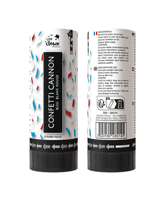 Lot de 2 canons à confettis supporter bleu, blanc et rouge 11 cm