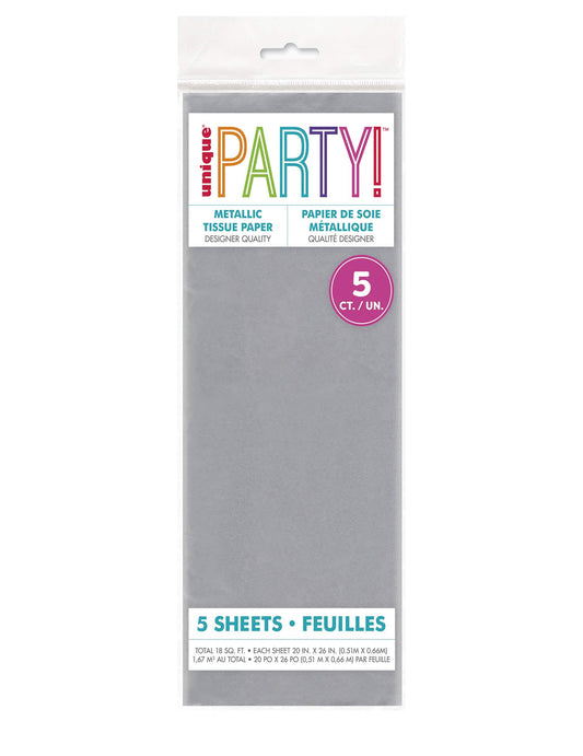 5 Feuilles de papier de soie métallisé argent