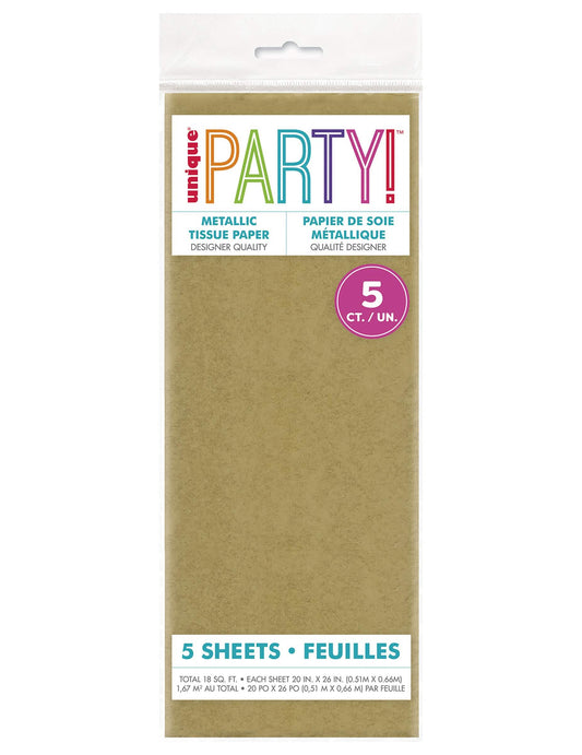 5 Feuilles de papier de soie métallisé or