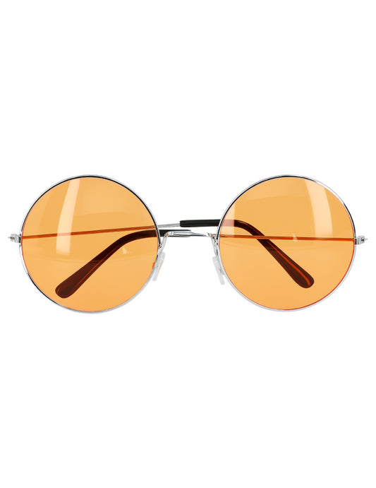 Détail des verres oranges des lunettes rondes géantes hippies