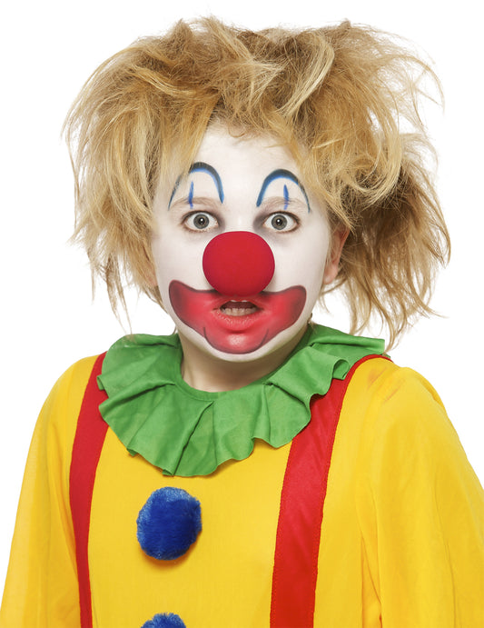 Portrait du rendu final en clown du kit complet de maquillage de carnaval