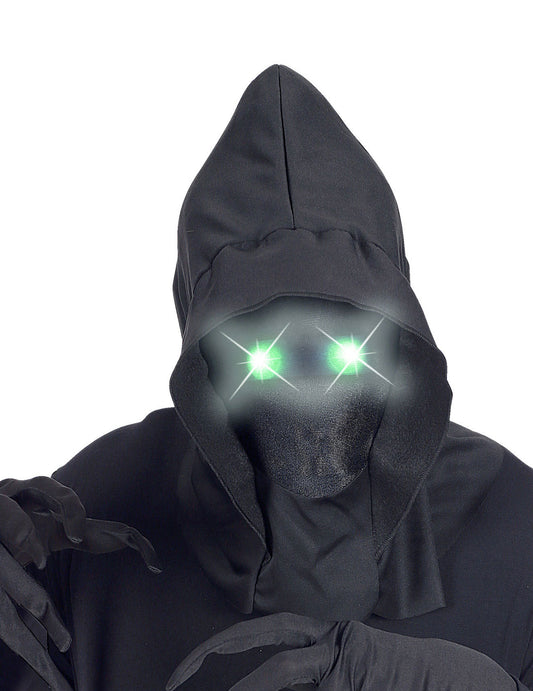 Gros plan sur les yeux lumineux verts du masque intégral à capuche visage invisible pour adulte