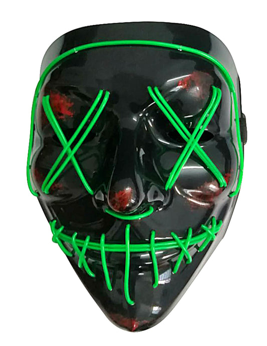 Gros plan sur les fils néon et les taches de sang du masque led lumineux pour adulte vert