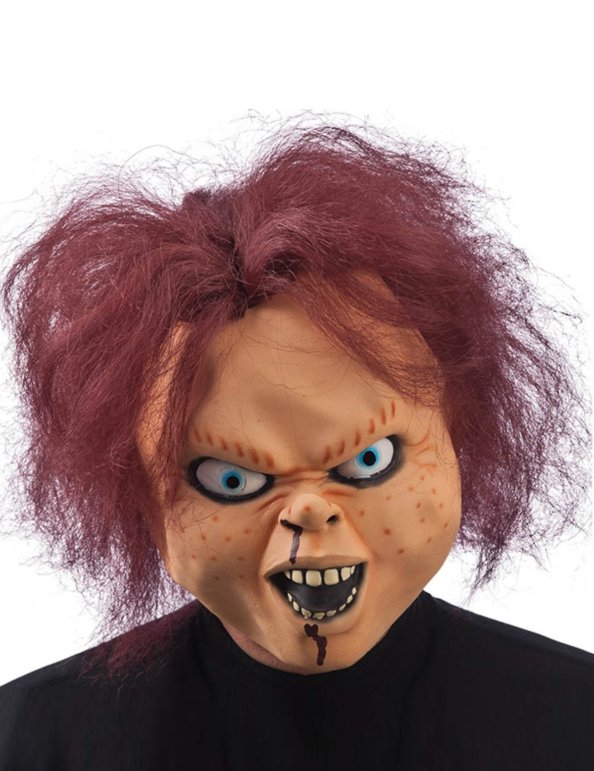 Masque de poupée terrifiante Halloween pour adulte roux et ensanglanté