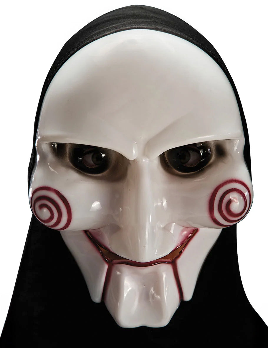 Masque tueur psychopathe avec capuche pour adulte blanc avec spirales rouges