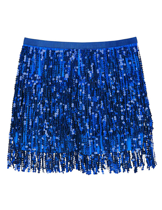 Vue de face de la minijupe à paillettes pour femme bleue à franges