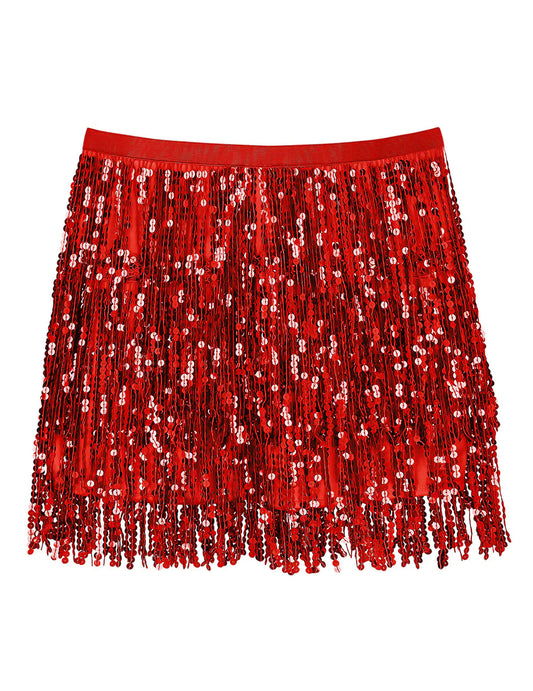Vue de face de la minijupe à paillettes pour femme rouge