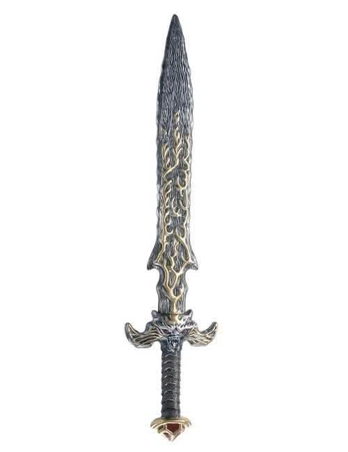 Épée mystique grise et dorée avec garde sculptée en tête de dragon