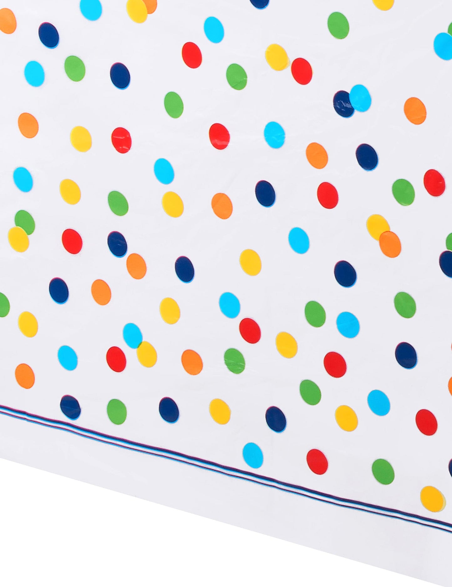 Gros plan sur les pois multicolores de la nappe en plastique happy birthday à pois colorés