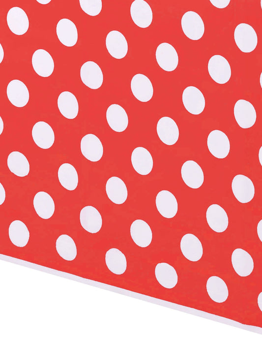 Détail du motif de la nappe à pois blancs rouge en plastique rectangulaire