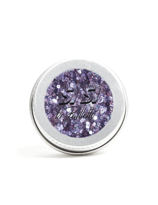 Vue du pot des paillettes biodégradables pluie violette