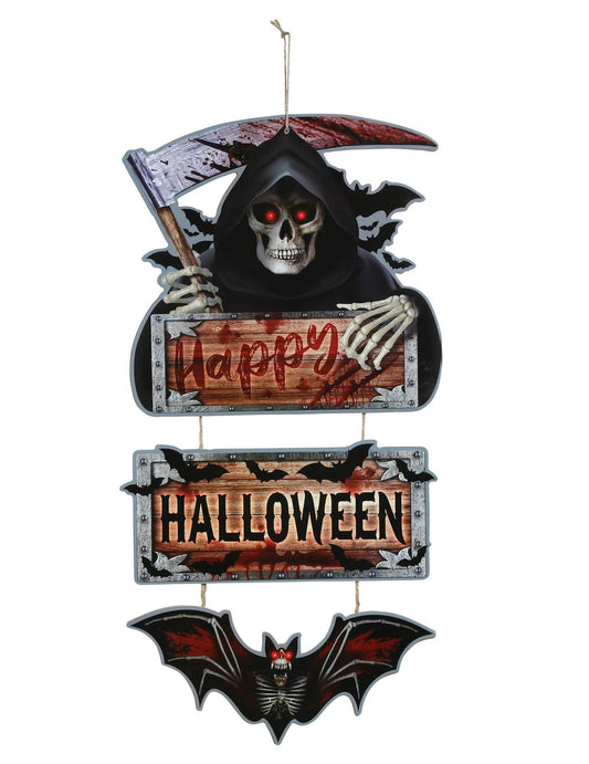 Vue de face de la pancarte Happy Halloween faucheuse