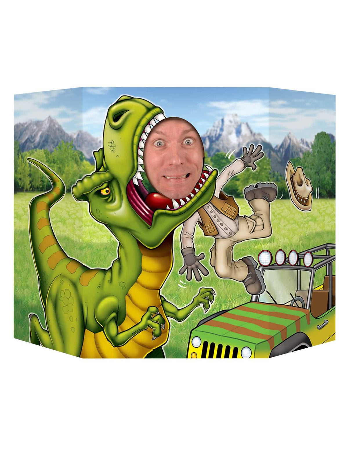 Passe-tête dinosaurus voor volwassenen groen met ontdekkingsreiziger en jeep