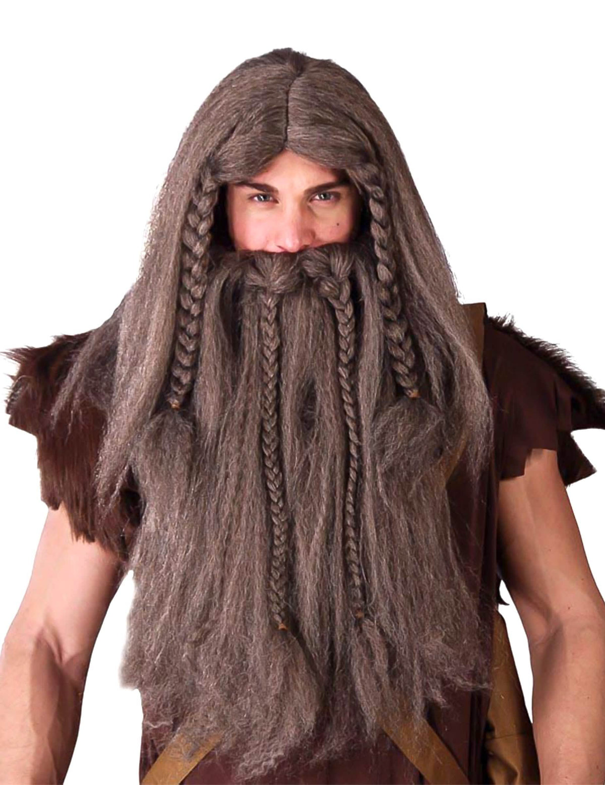 Perruque barbare viking pour homme marron avec longue barbe tressée